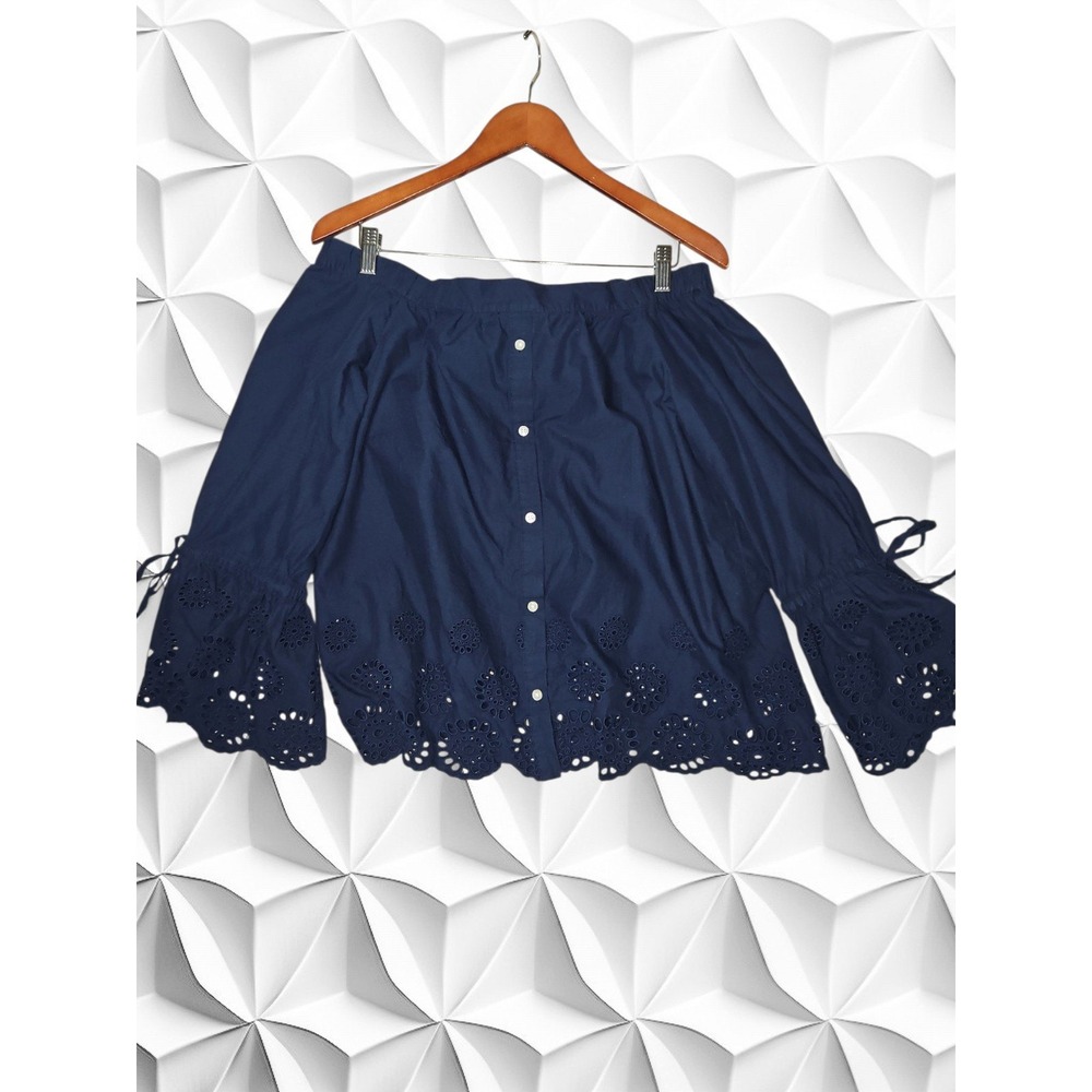 Isabella Sinclair Navy Blue Eyelet Off The Shoulder Button Front Top Medium
